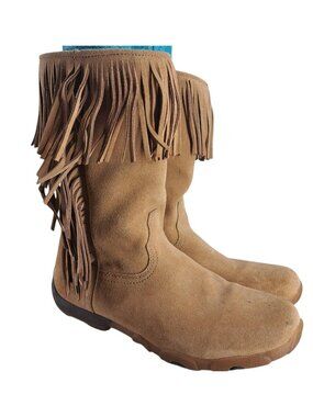 Twisted X Pull On Suede Fringe Boots Size 8 Boho Bohemian Faux Fur Tab Biege